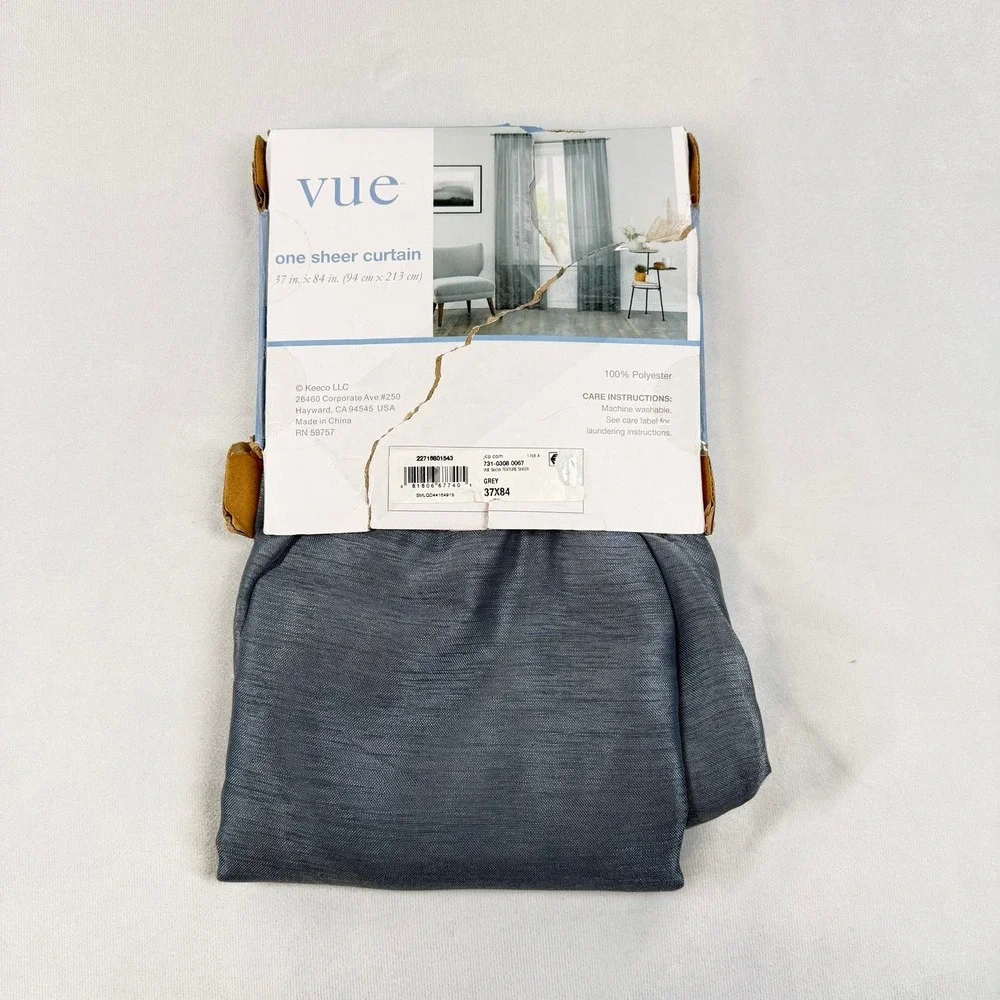 Vue Sheer Rod Pocket Curtain Panel Grey Textured 37 x 84 100% Polyester New